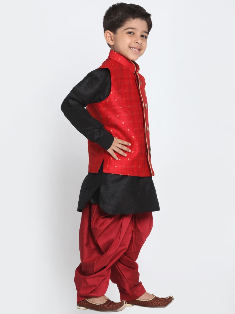 VASTRAMAY Boys' Maroon Cotton Silk Blend Ethnic Jacket, Black Kurta and Maroon Dhoti Pant Set - qivii