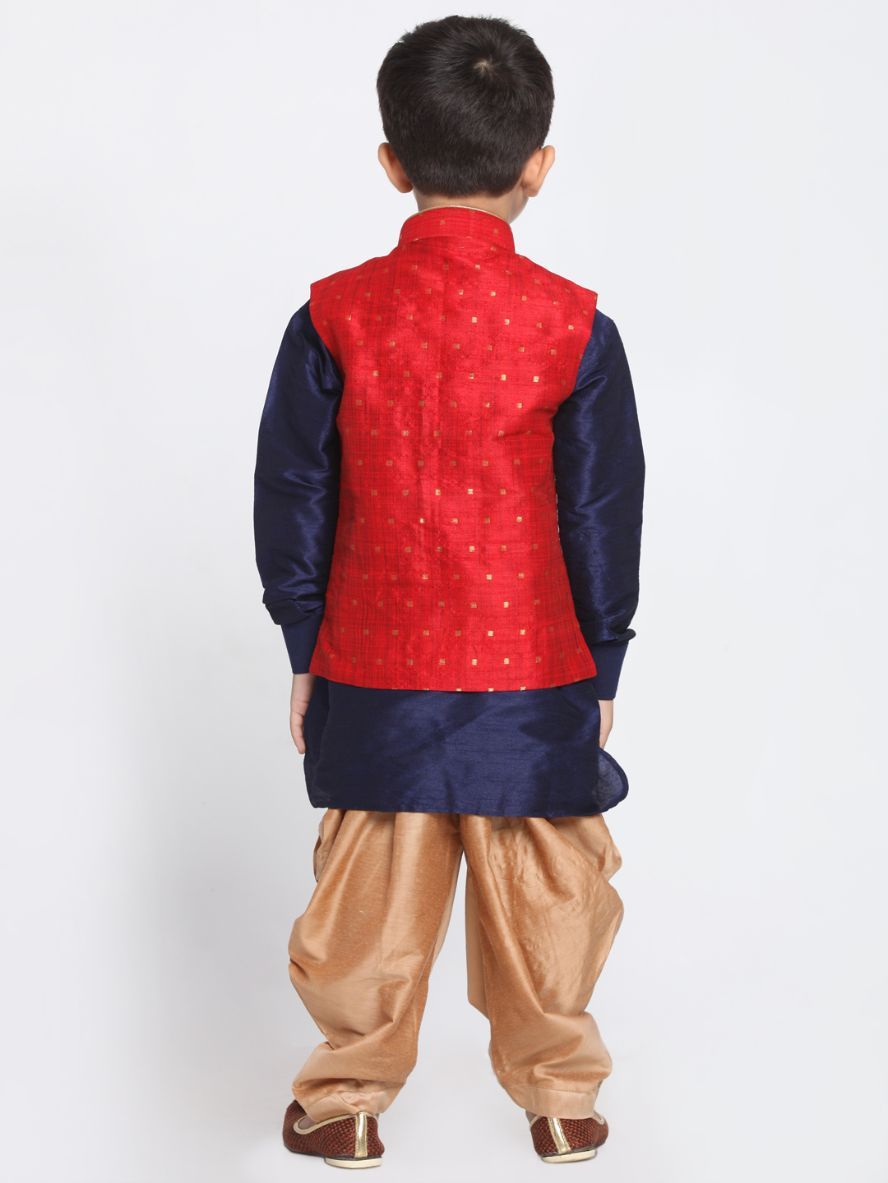 Vastramay Boys' Maroon Silk Blend Ethnic Jacket, Navy Blue Kurta and Rose Gold Dhoti Pant Set - qivii