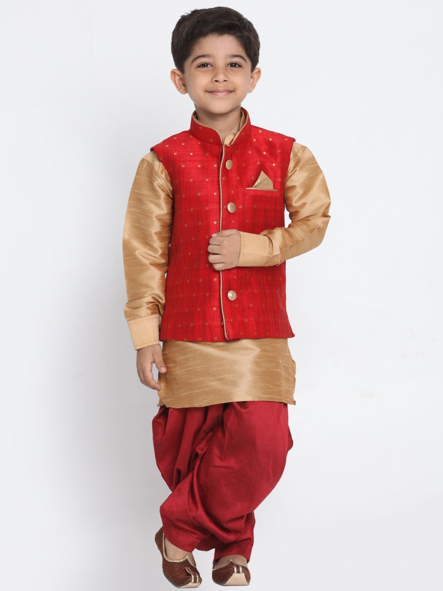 Vastramay Boys' Maroon Cotton Silk Blend Ethnic Jacket, Golden Kurta and Dhoti Pant Set - qivii