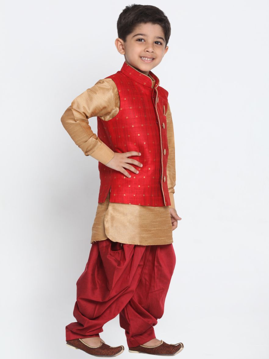 Vastramay Boys' Maroon Cotton Silk Blend Ethnic Jacket, Golden Kurta and Dhoti Pant Set - qivii