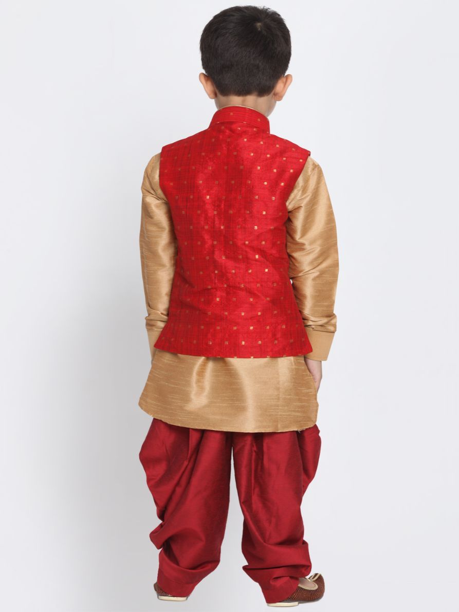 Vastramay Boys' Maroon Cotton Silk Blend Ethnic Jacket, Golden Kurta and Dhoti Pant Set - qivii