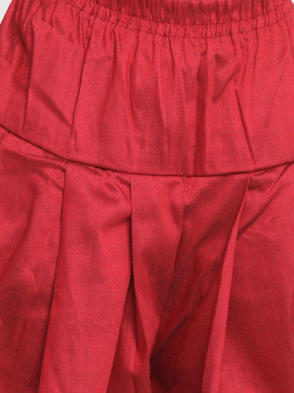 Vastramay Boys' Maroon Cotton Silk Blend Ethnic Jacket, Golden Kurta and Dhoti Pant Set - qivii