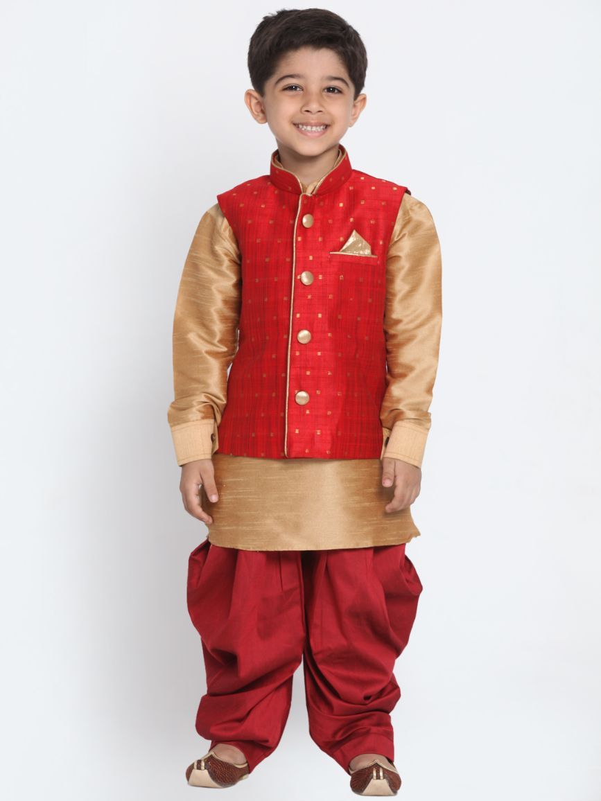 Vastramay Boys' Maroon Cotton Silk Blend Ethnic Jacket, Golden Kurta and Dhoti Pant Set - qivii