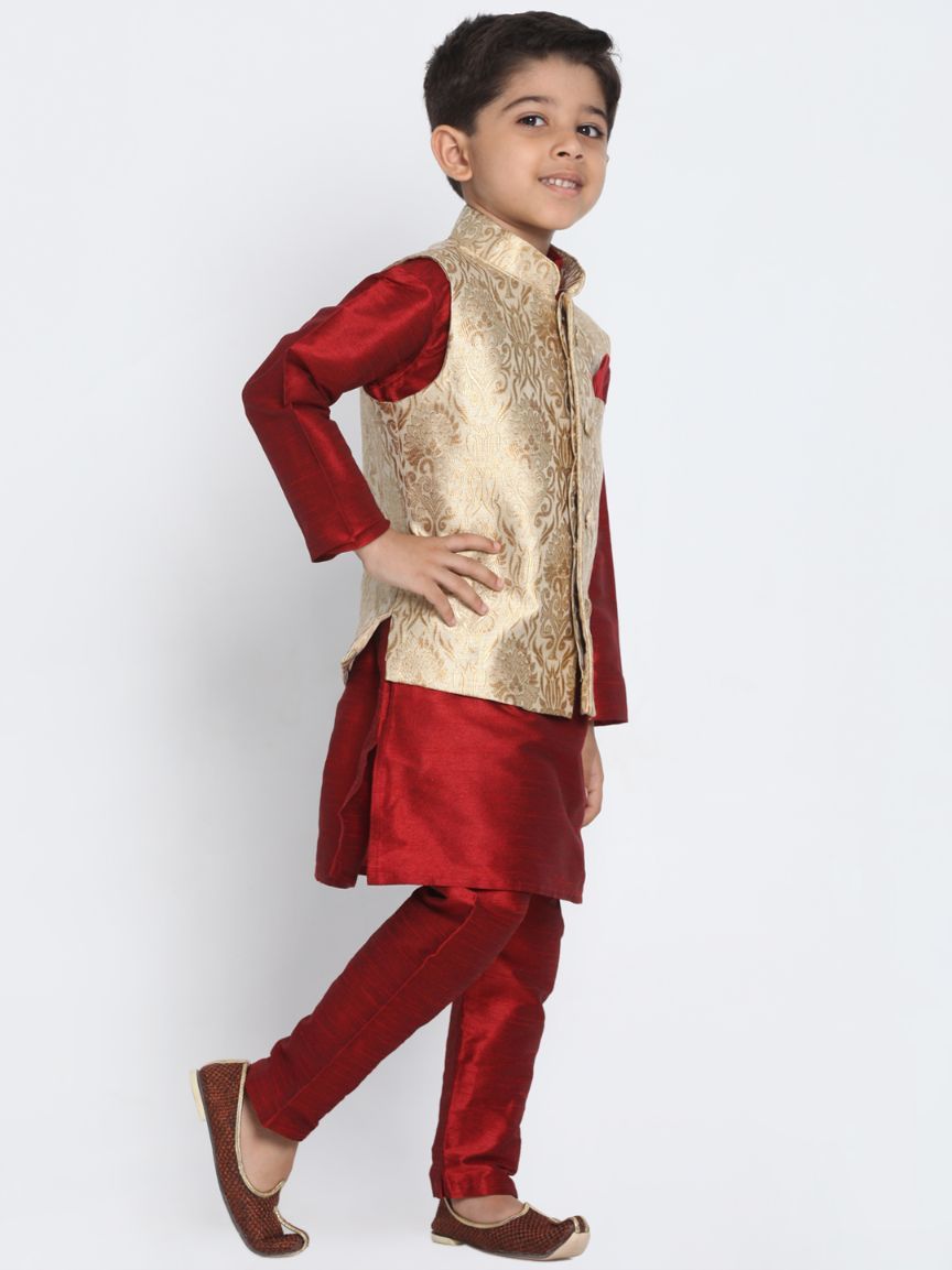 VASTRAMAY Boys' Gold Cotton Silk Blend Waistcoat, Maroon Kurta and Pyjama Set - qivii