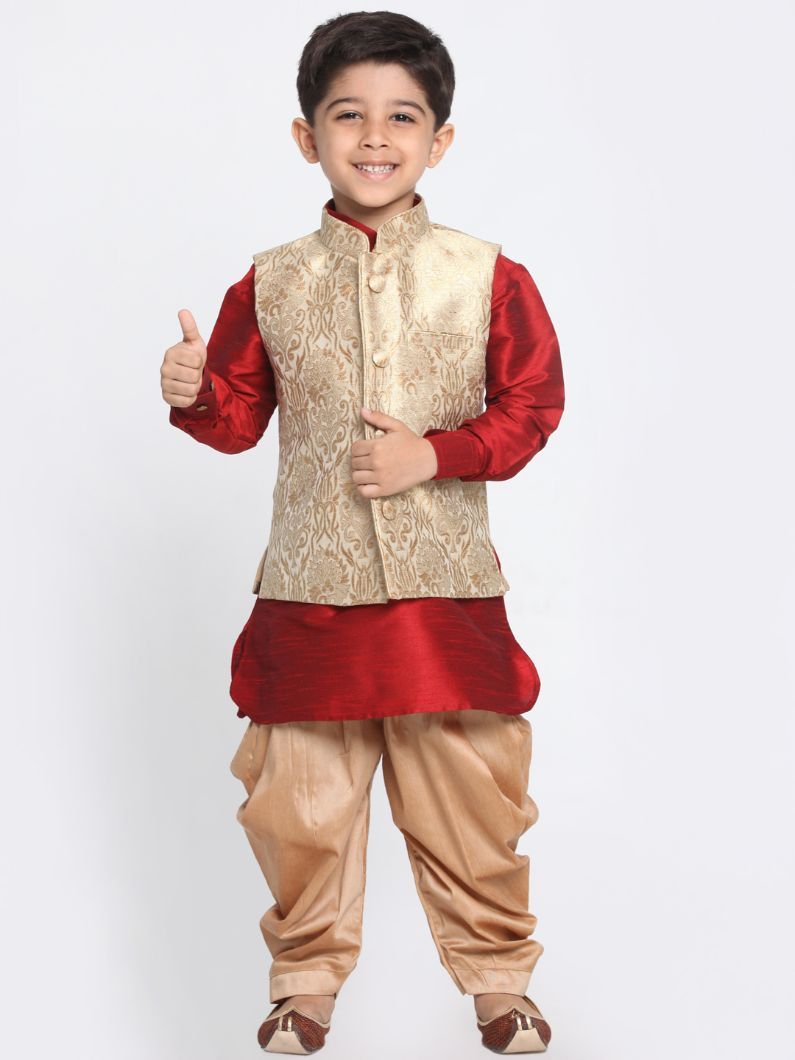 VASTRAMAY Boys' Gold Cotton Silk Blend Ethnic Jacket, Maroon Kurta and Dhoti Pant Set - qivii