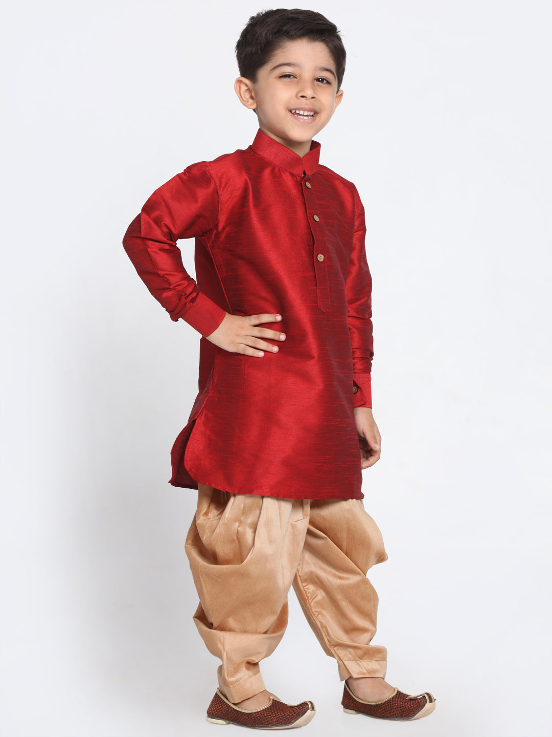 VASTRAMAY Boys' Maroon and Rose Gold Silk Blend Kurta and Patiala Pant Set - qivii