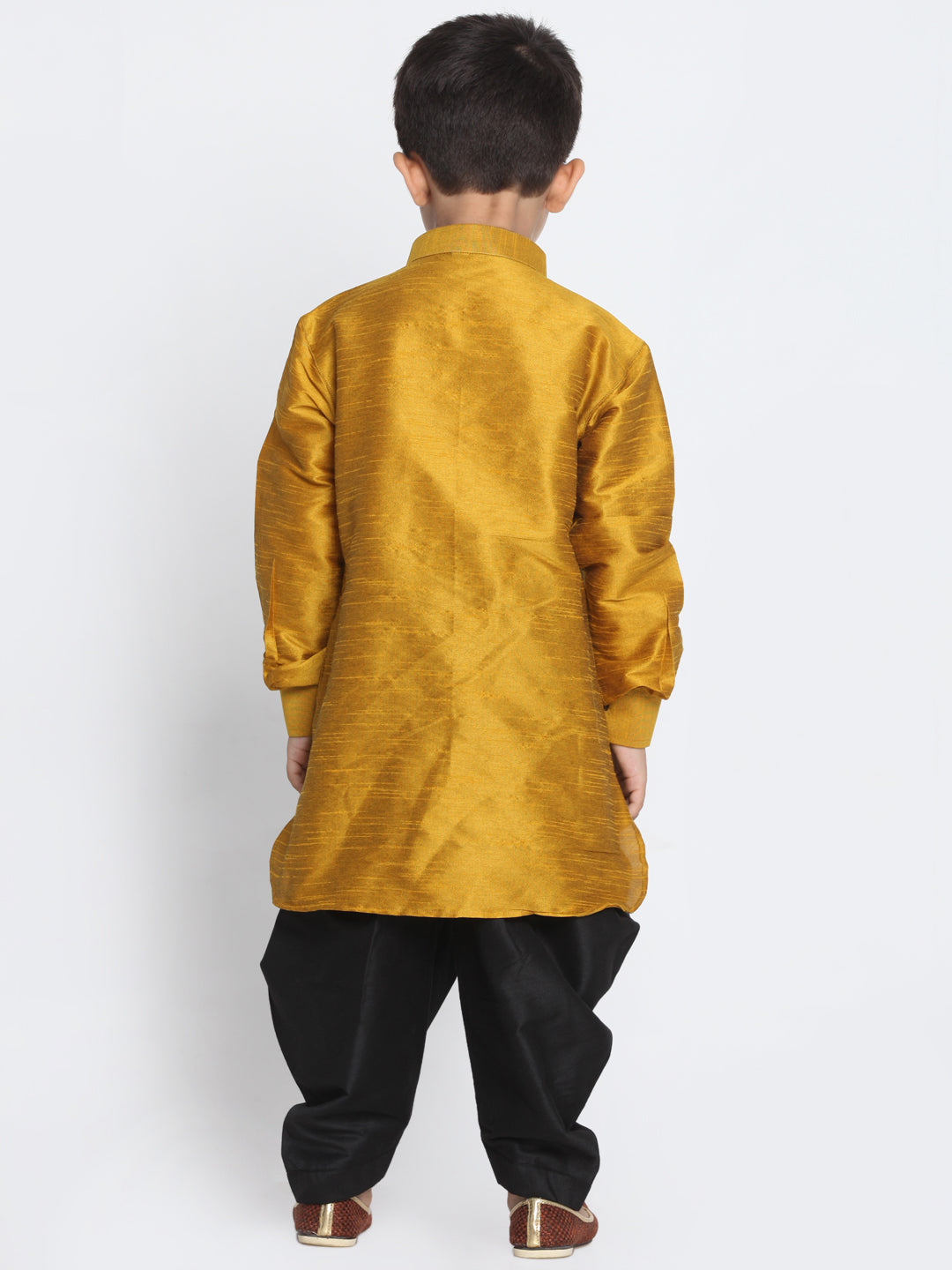 VASTRAMAY Boys' Mustard and Black Silk Blend Kurta and Patiala Pant Set - qivii