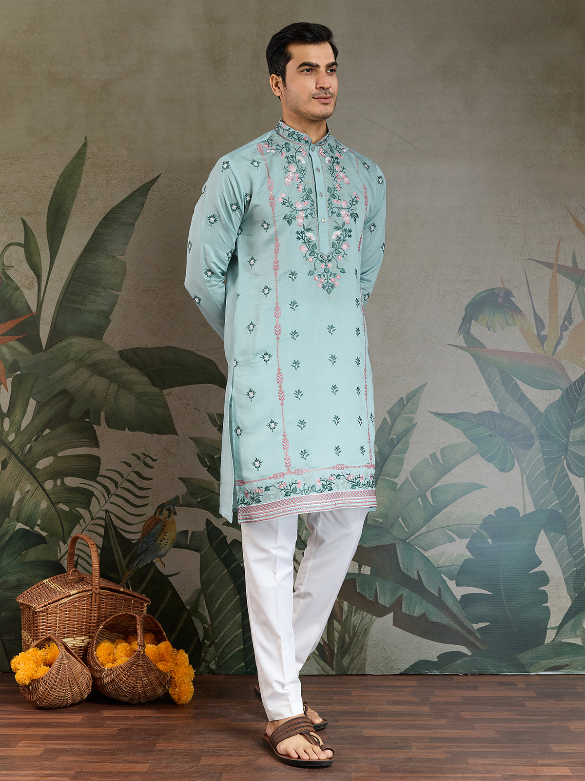 Men's Sky Blue Viscose Silk Kurta with Thread & Sequin Embroidery - qivii