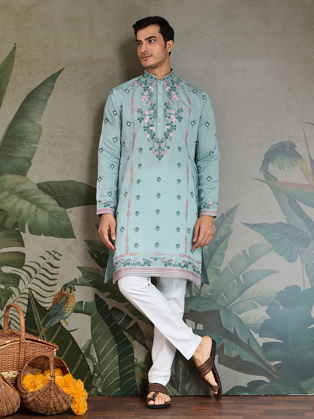 Men's Sky Blue Viscose Silk Kurta with Thread & Sequin Embroidery - qivii