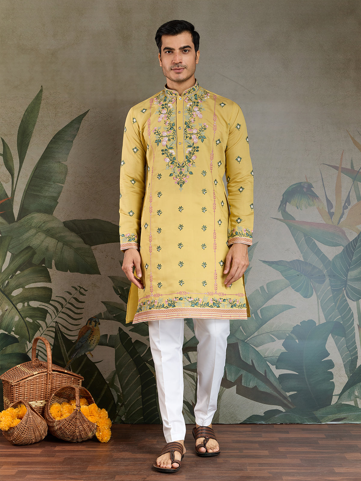 Designer Yellow Viscose Silk Kurta with Thread & Sequin Embroidery - qivii