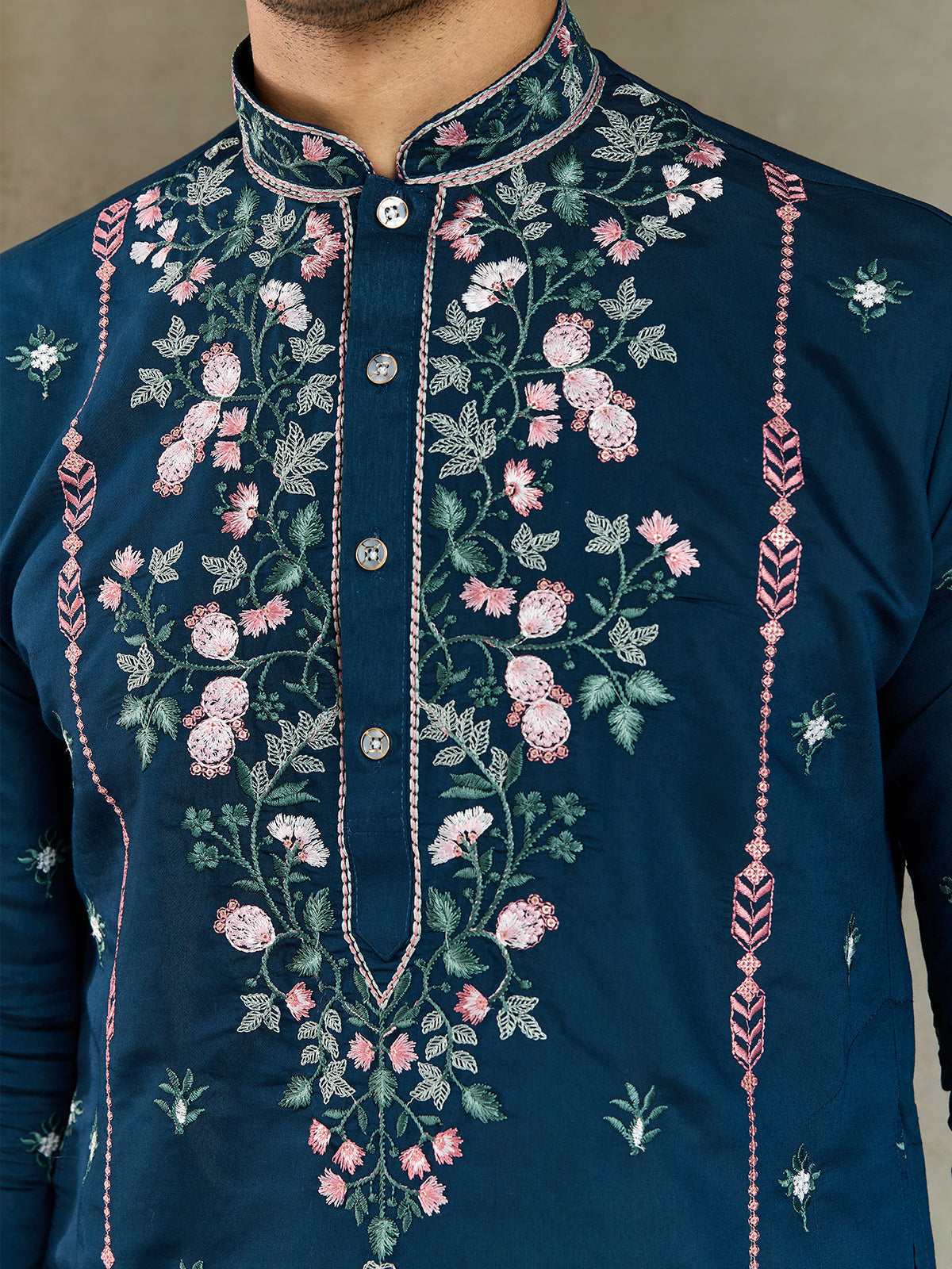 Teal Blue Viscose Silk Men's Kurta with Thread & Sequin Embroidery - qivii