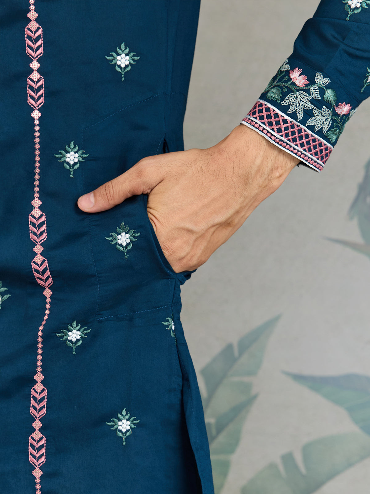 Teal Blue Viscose Silk Men's Kurta with Thread & Sequin Embroidery - qivii