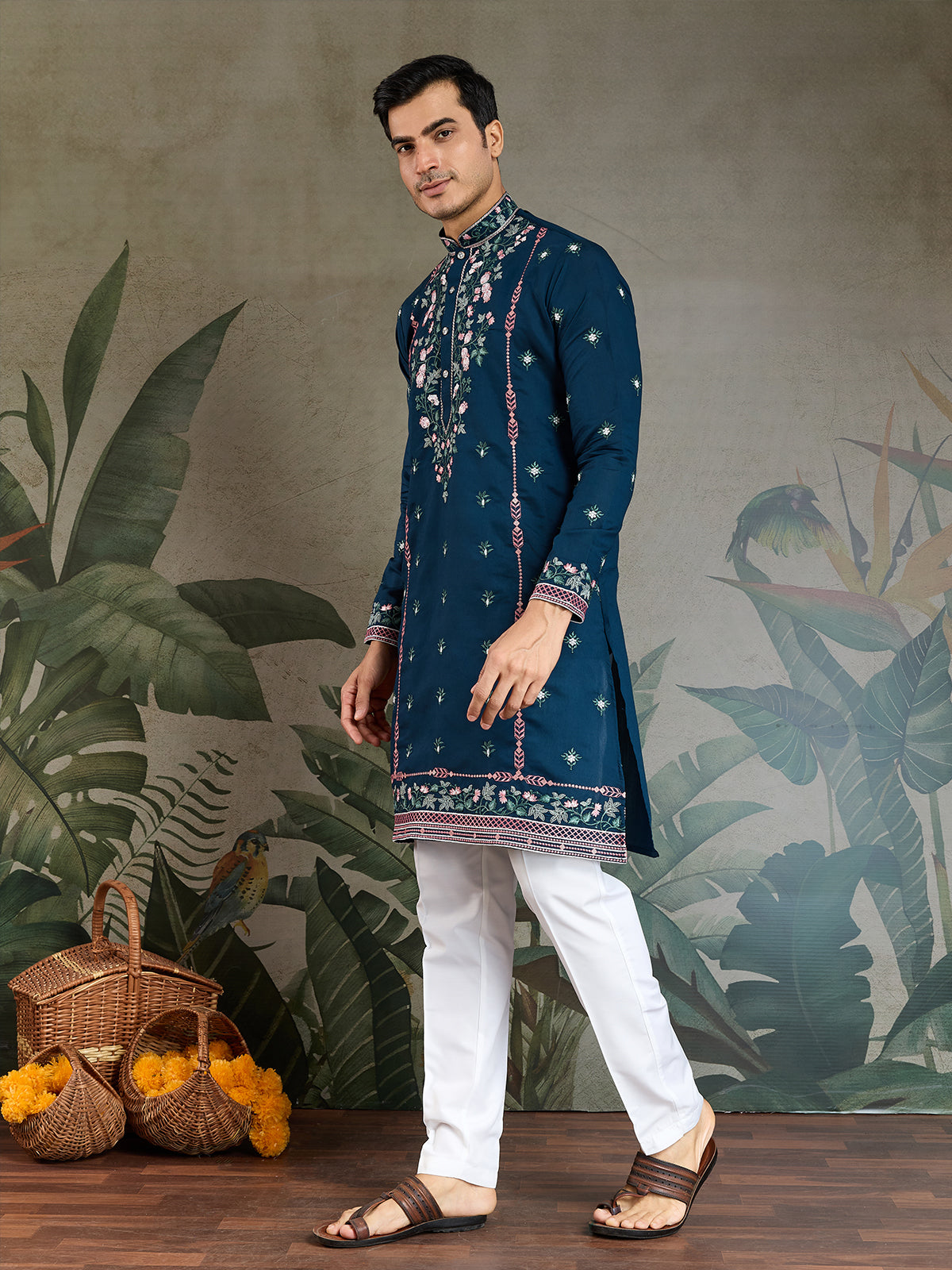 Teal Blue Viscose Silk Men's Kurta with Thread & Sequin Embroidery - qivii
