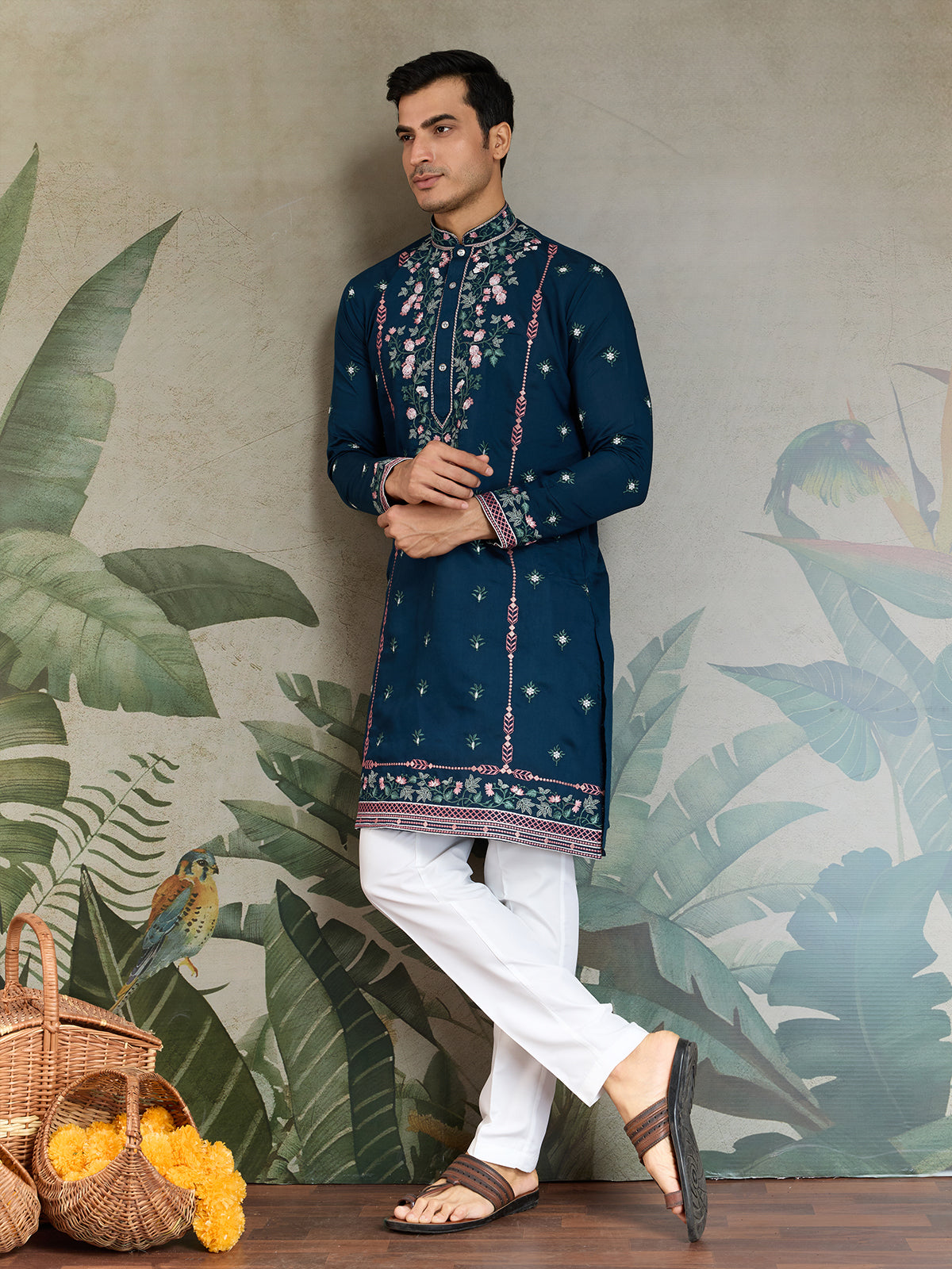 Teal Blue Viscose Silk Men's Kurta with Thread & Sequin Embroidery - qivii