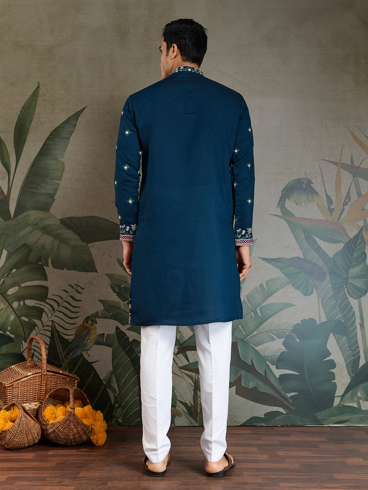 Teal Blue Viscose Silk Men's Kurta with Thread & Sequin Embroidery - qivii