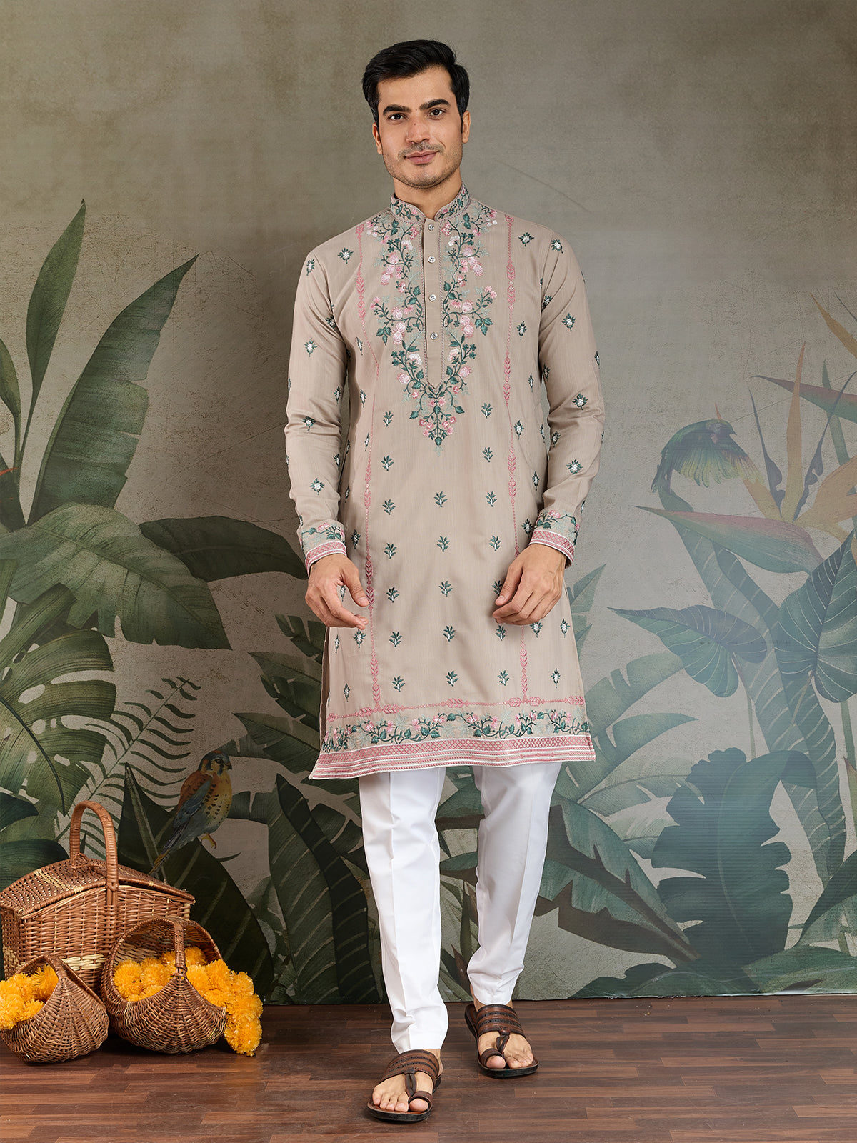 Embroidered Ivory Occasion Style Viscose Silk Men's Kurta - qivii