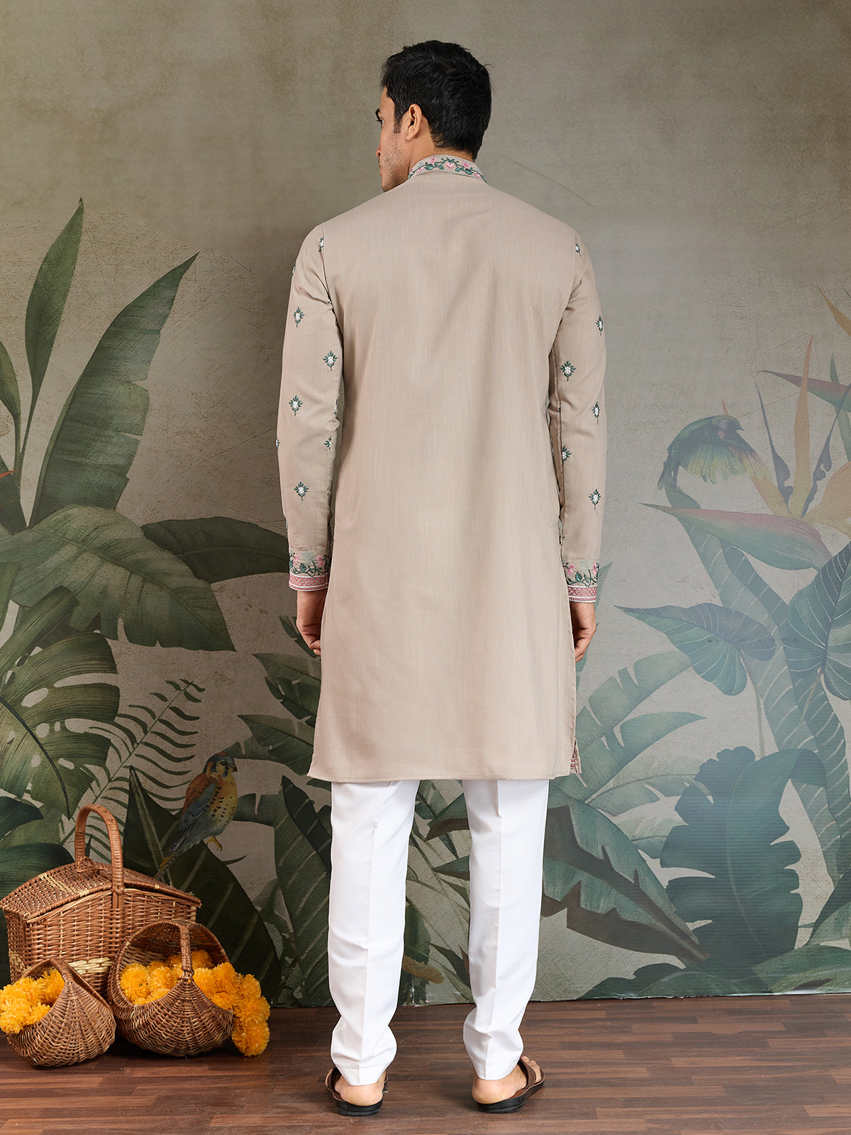 Embroidered Ivory Occasion Style Viscose Silk Men's Kurta - qivii