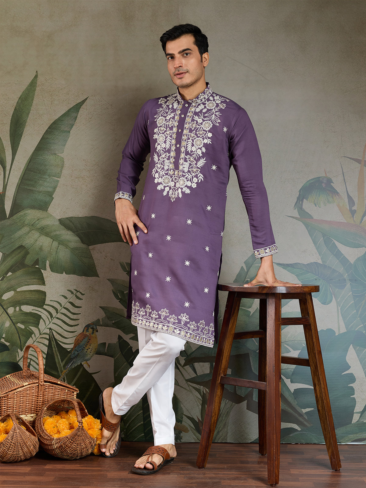 Men's Pastel Purple Embroidered Wedding Kurta In Rayon - qivii