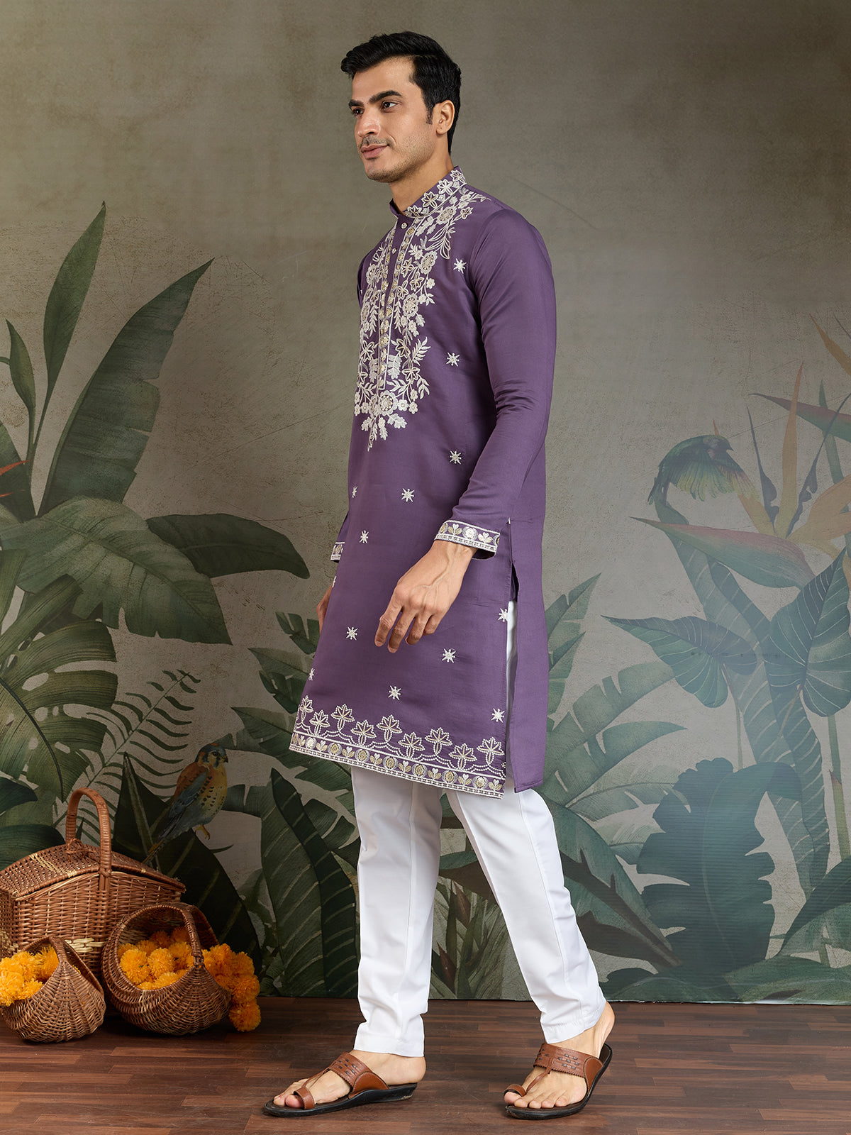 Men's Pastel Purple Embroidered Wedding Kurta In Rayon - qivii
