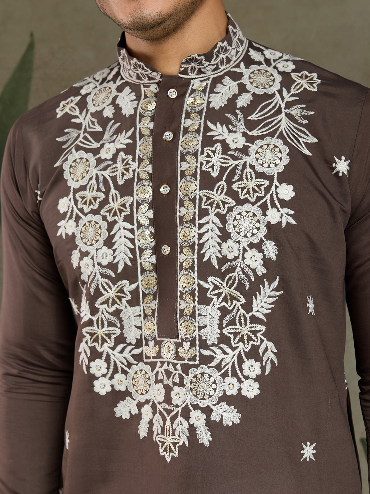 Chocolate Grey Rayon Embroidered Men's Kurta - qivii