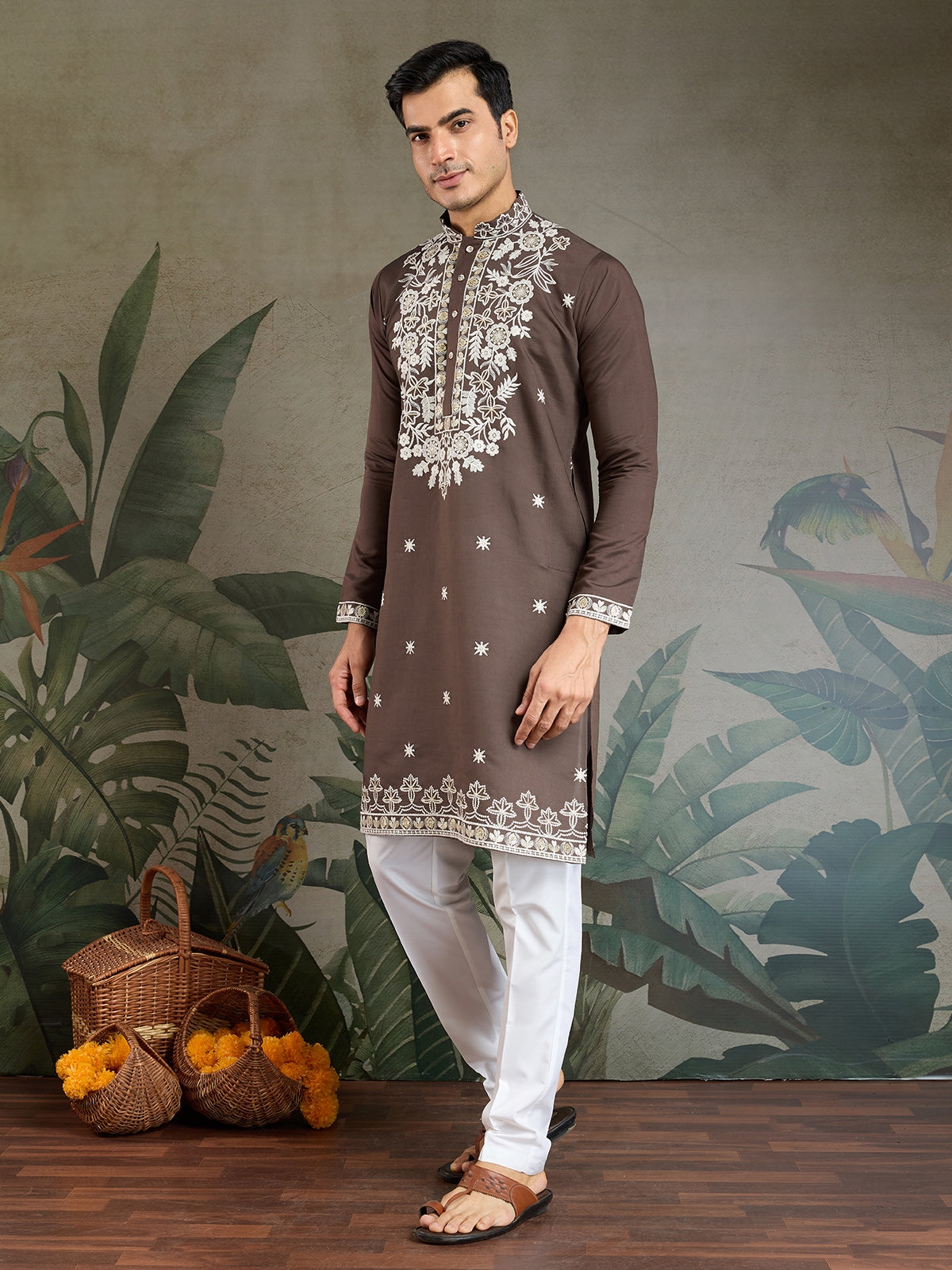 Chocolate Grey Rayon Embroidered Men's Kurta - qivii