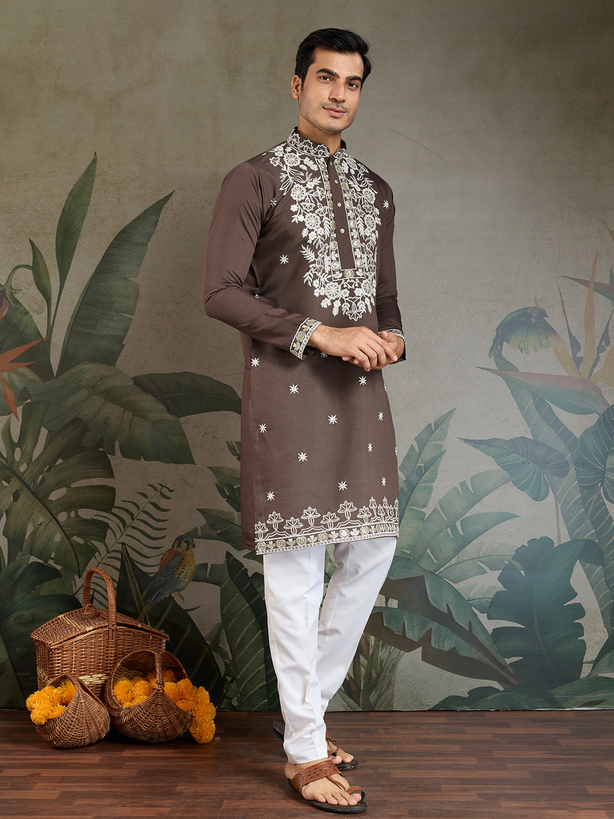 Chocolate Grey Rayon Embroidered Men's Kurta - qivii