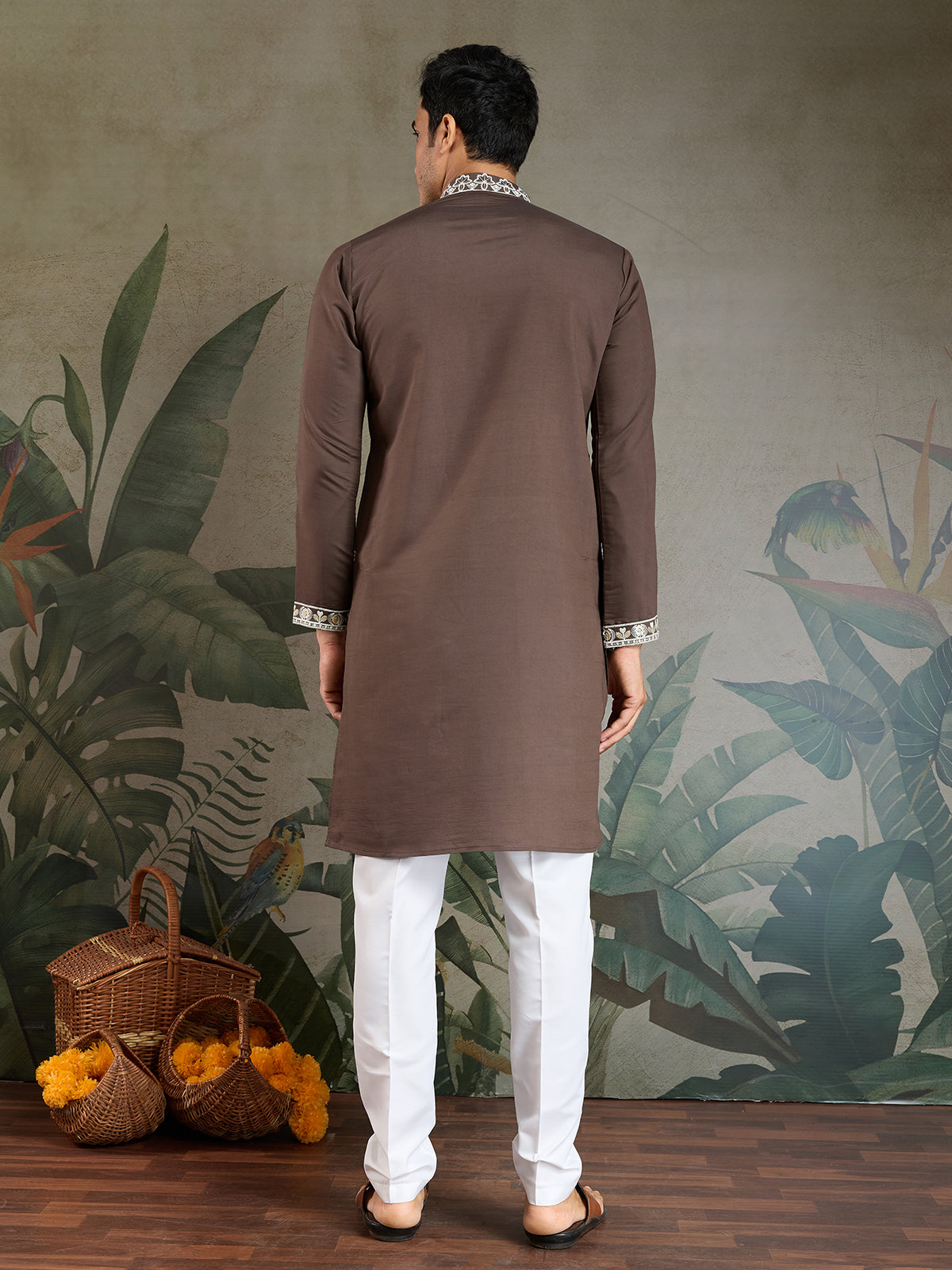 Chocolate Grey Rayon Embroidered Men's Kurta - qivii