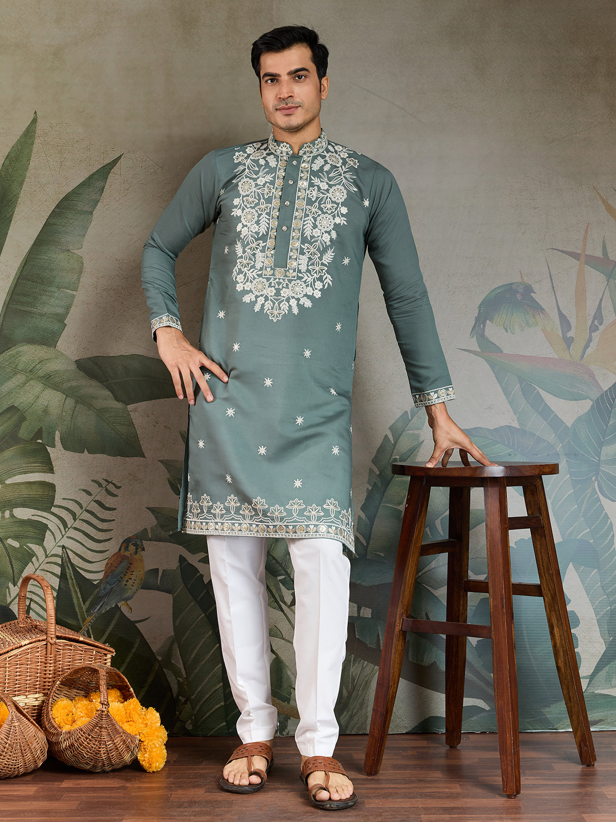 Embroidered Ethnic Pistachio Green Rayon Men's Kurta - qivii