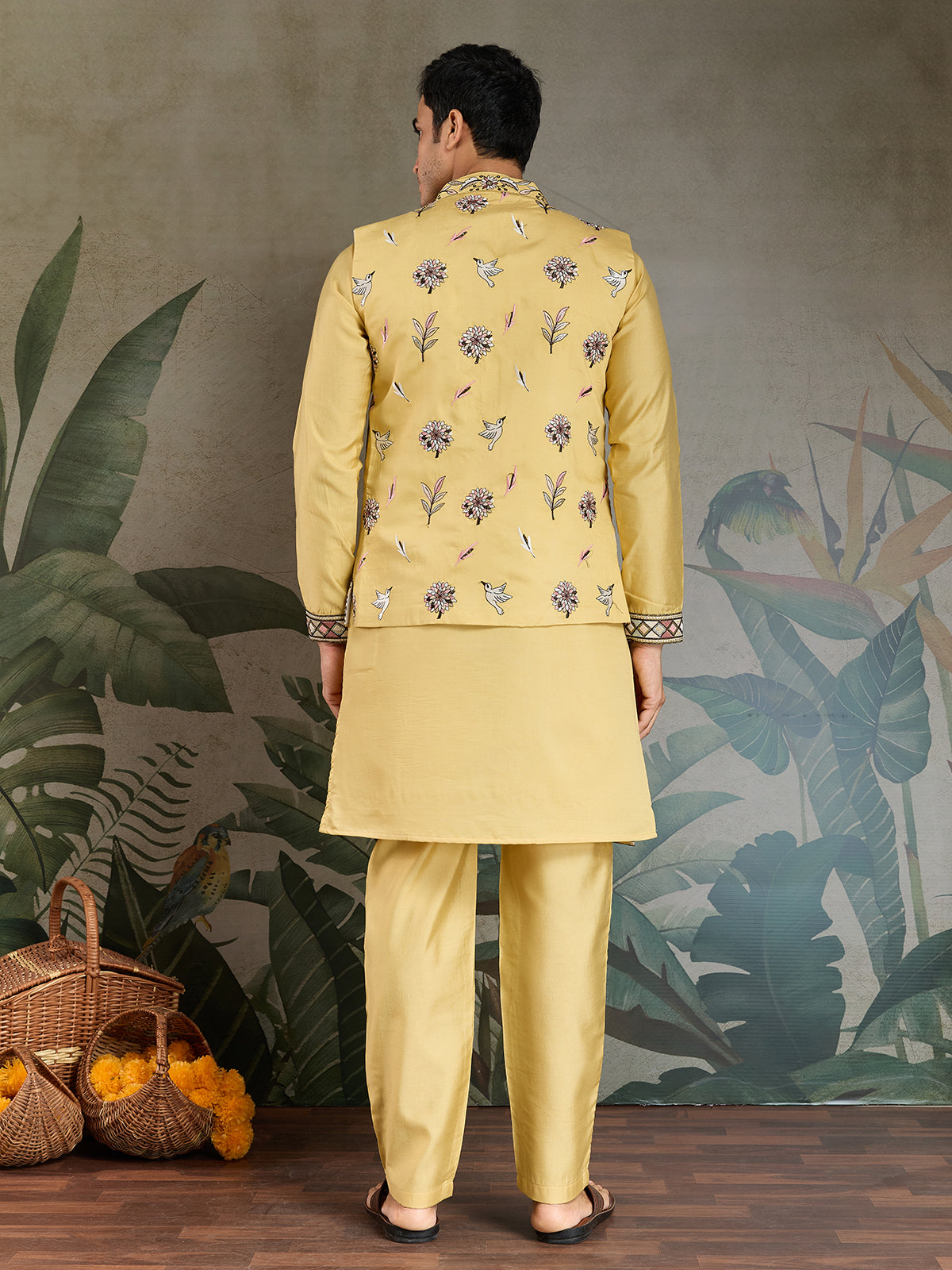 Yellow Viscose Silk Wedding Kurta with Embroidered Koti - qivii