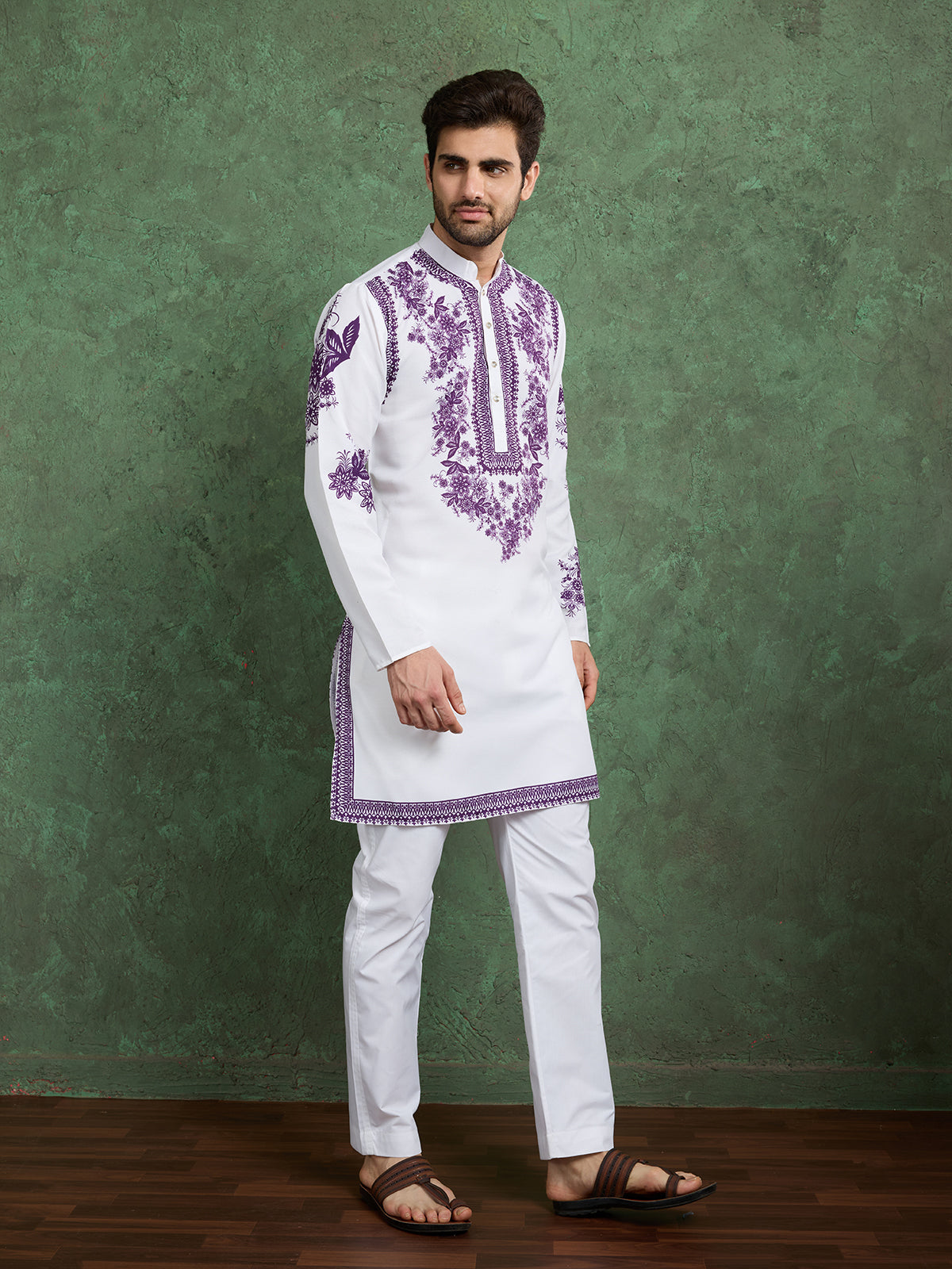 Designer Men's White & Purple Viscose Rayon Kurta - qivii