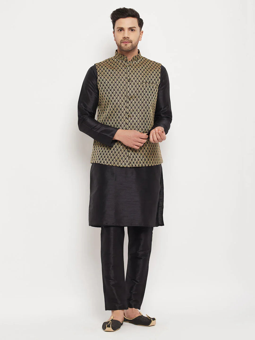 VASTRAMAY Men's Black Silk Blend Jacket With Kurta Pant Set