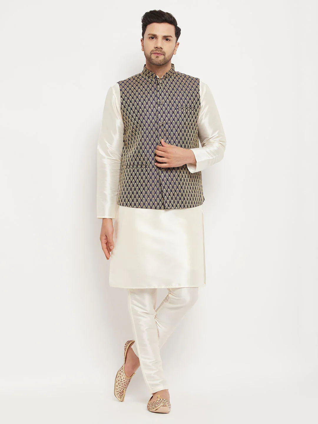Men's Blue Silk Blend Jacket With Kurta Pant Set