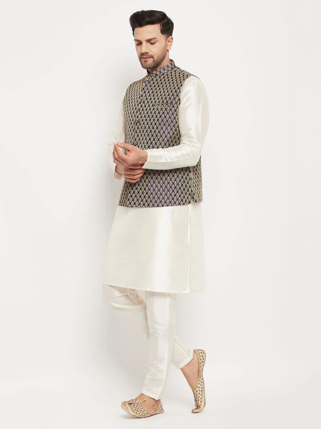 Men's Blue Silk Blend Jacket With Kurta Pant Set