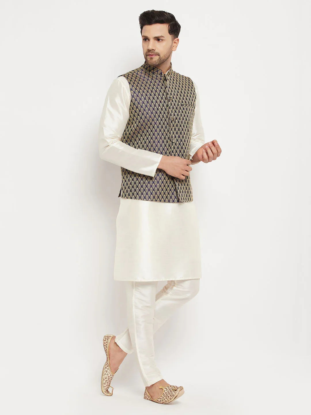 Men's Blue Silk Blend Jacket With Kurta Pant Set