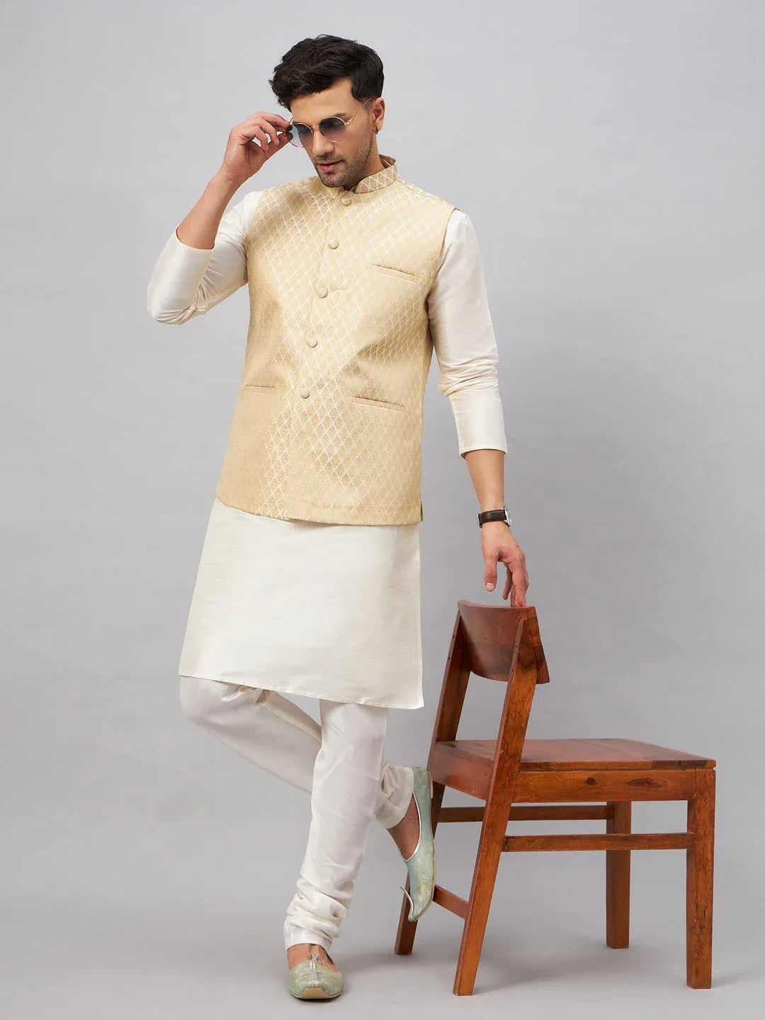 Men's Cream Silk Blend Jacket With Kurta Pyjama Set