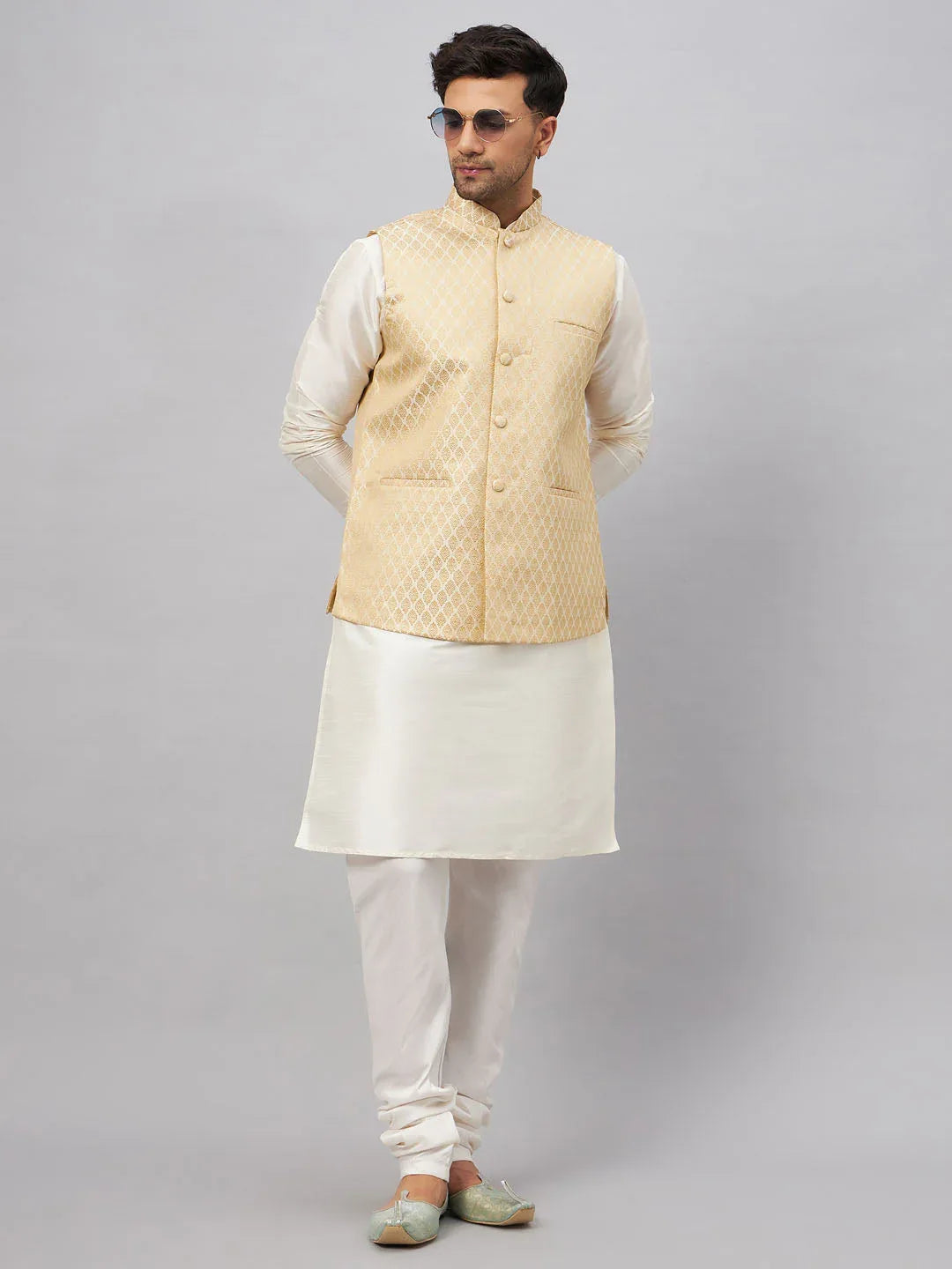 Men's Cream Silk Blend Jacket With Kurta Pyjama Set