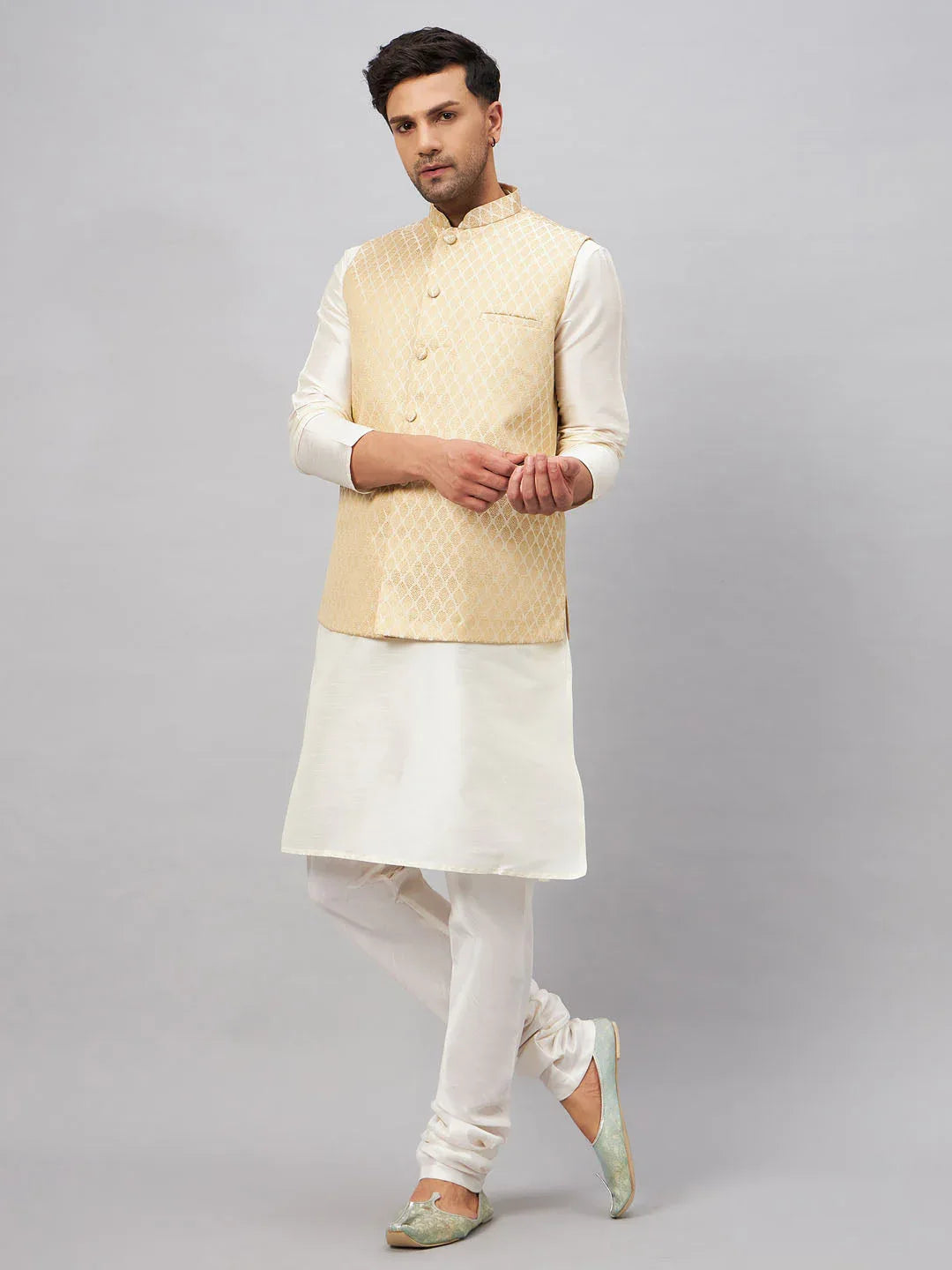 Men's Cream Silk Blend Jacket With Kurta Pyjama Set