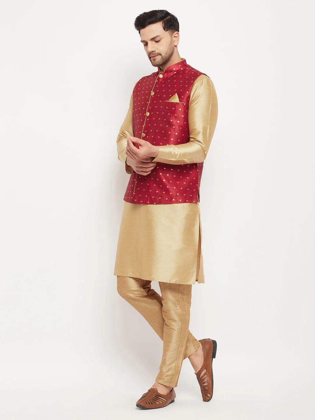 Men's Maroon Zari Weaved Jacket With Kurta Pant Set