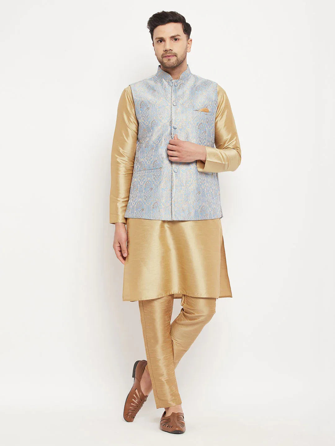 Men's Grey Jacquard Jacket With Kurta And Pant Set