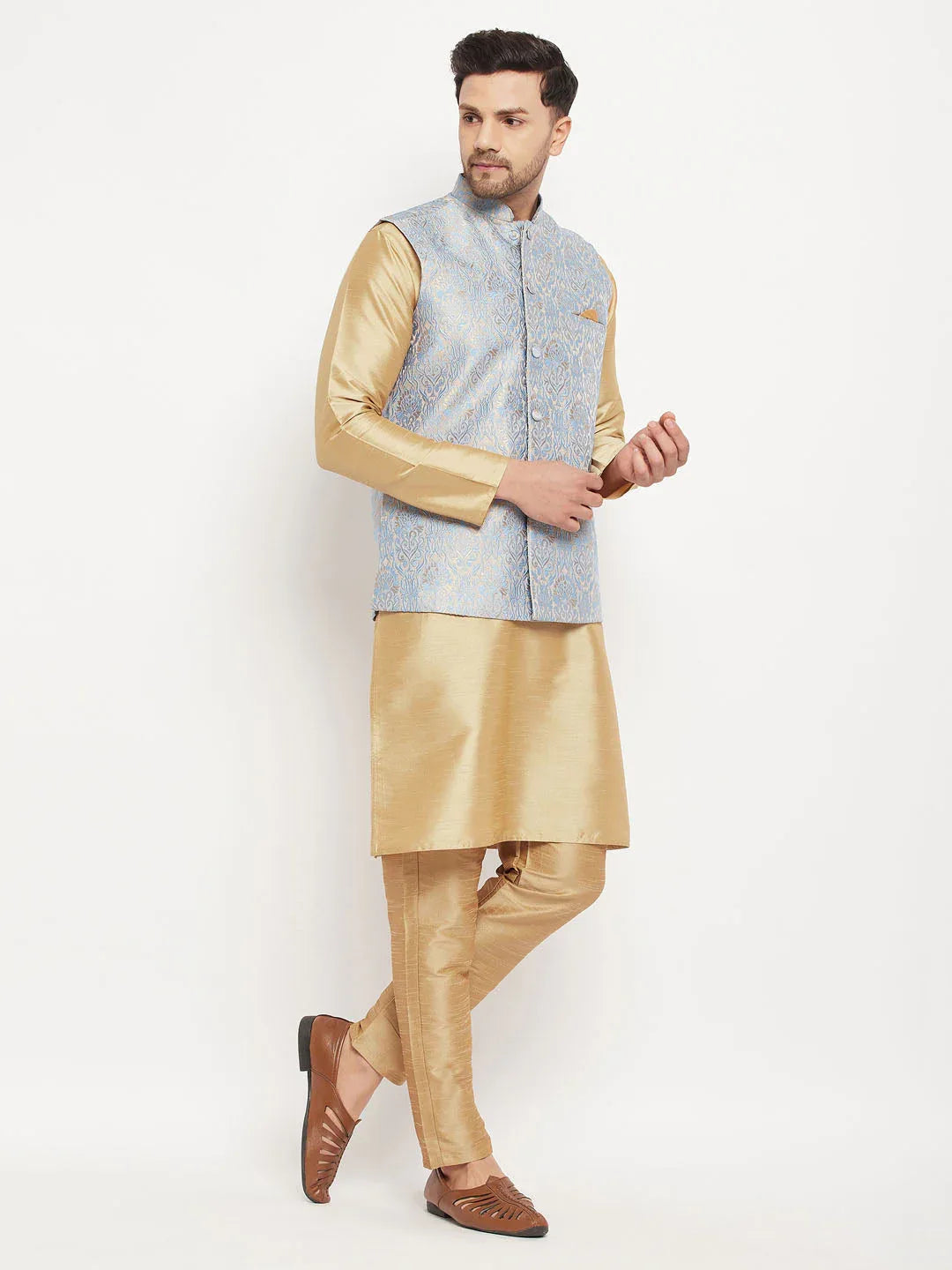 Men's Grey Jacquard Jacket With Kurta And Pant Set
