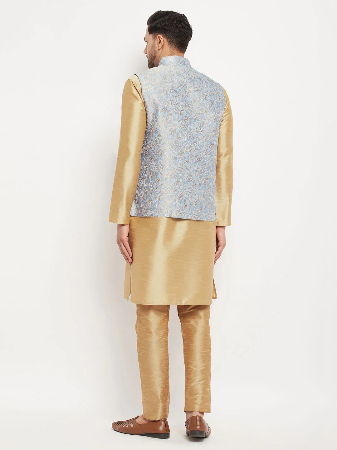 Men's Grey Jacquard Jacket With Kurta And Pant Set
