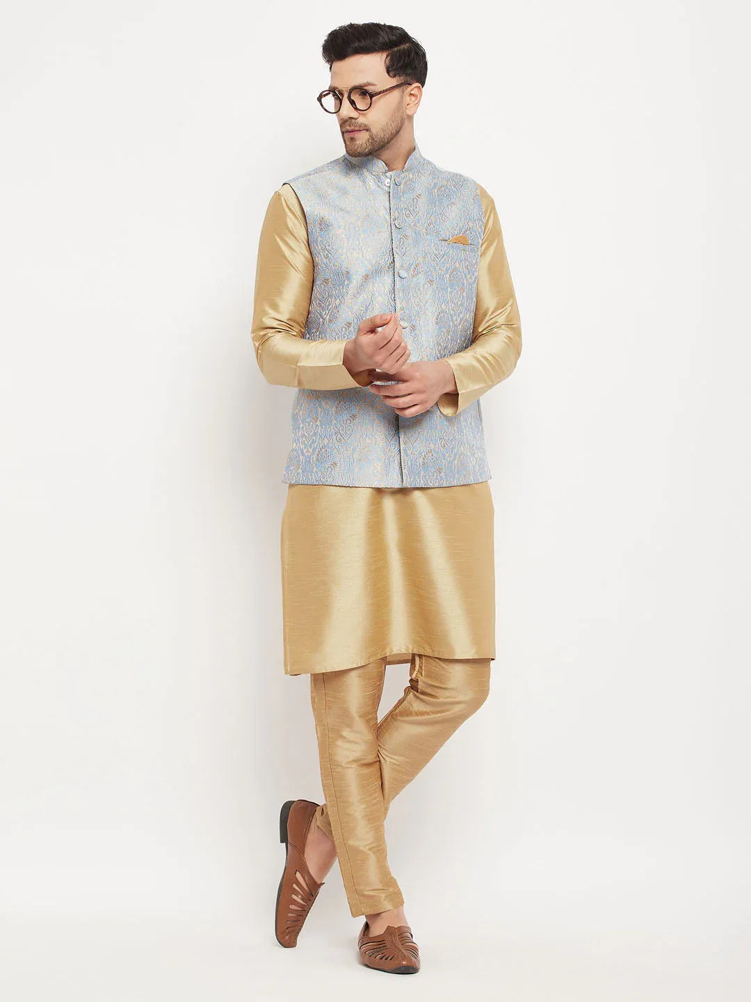 Men's Grey Jacquard Jacket With Kurta And Pant Set