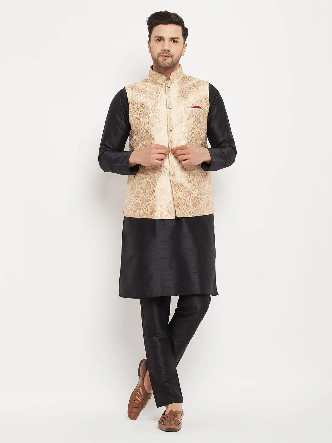 Men's Rose Gold Jacquard Jacket With Kurta And Pant Set