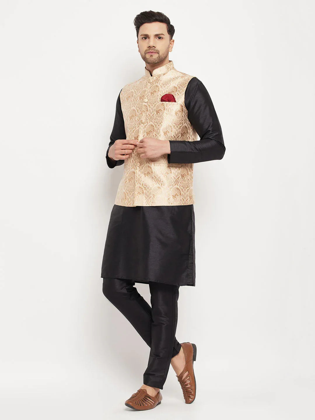 Men's Rose Gold Jacquard Jacket With Kurta And Pant Set