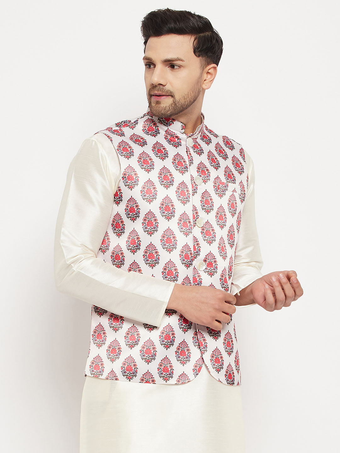 Men's White & Red Floral Printed Slim-Fit Satin Nehru Jacket