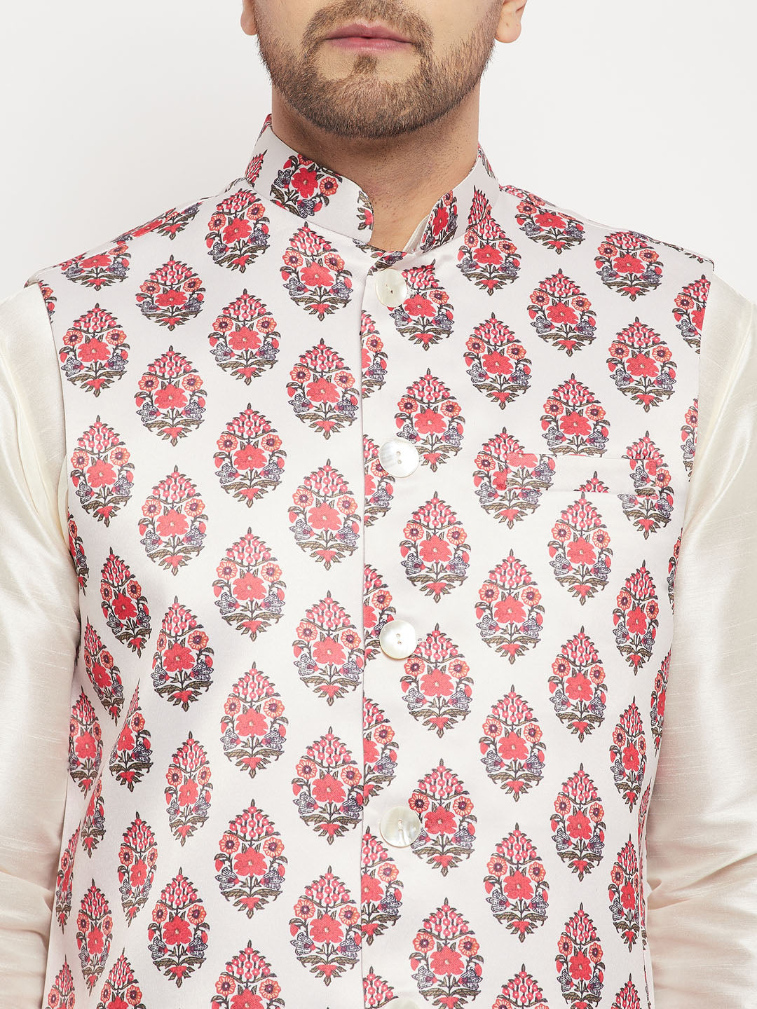 Men's White & Red Floral Printed Slim-Fit Satin Nehru Jacket