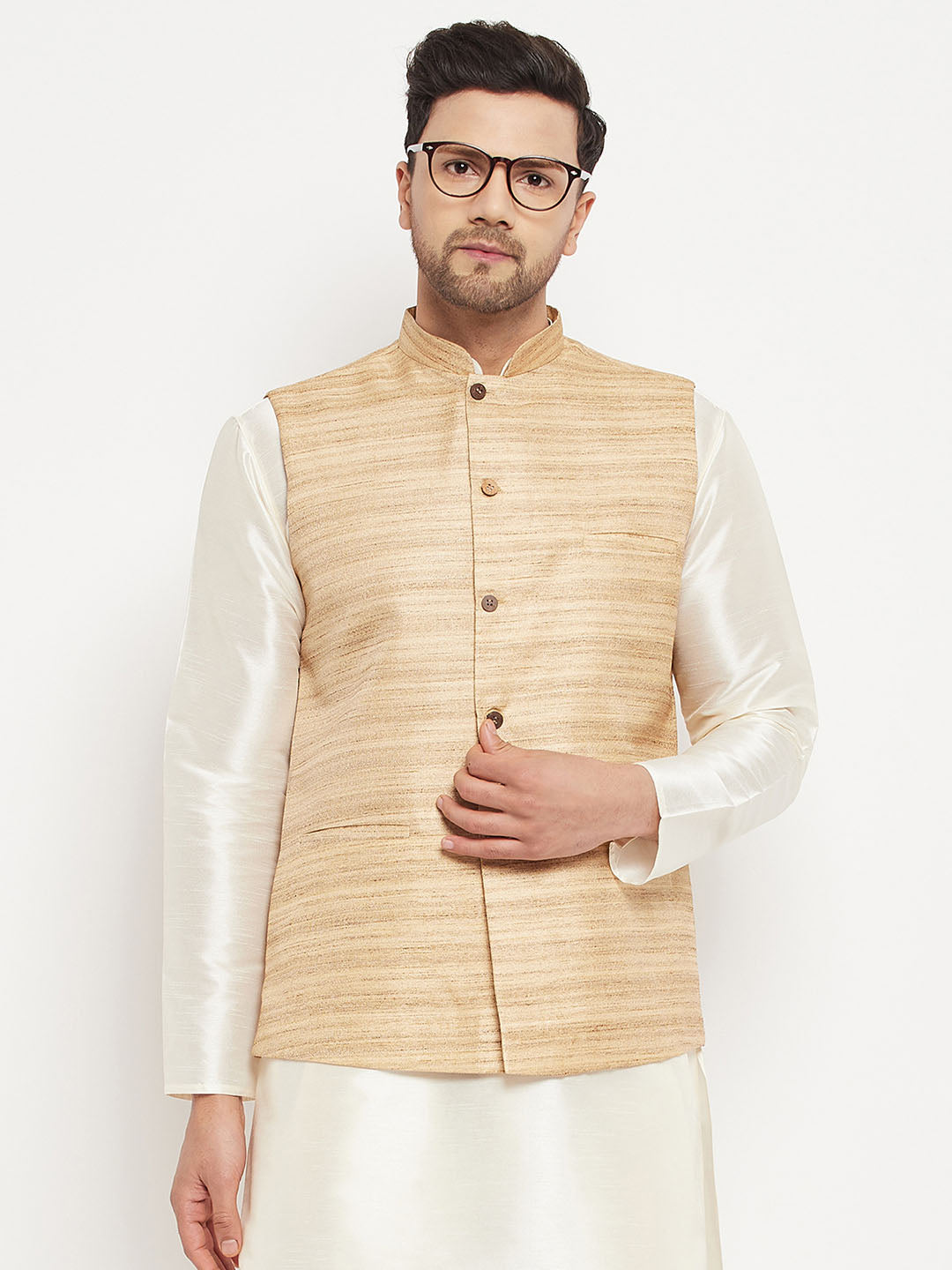 VASTRAMAY Men's Beige Silk Blend Nehru Jacket