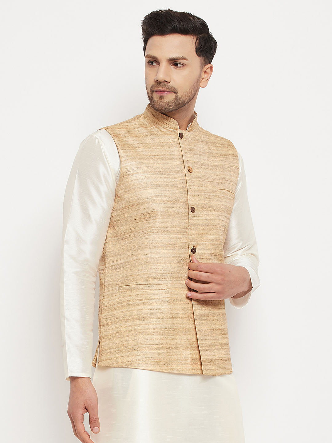 VASTRAMAY Men's Beige Silk Blend Nehru Jacket