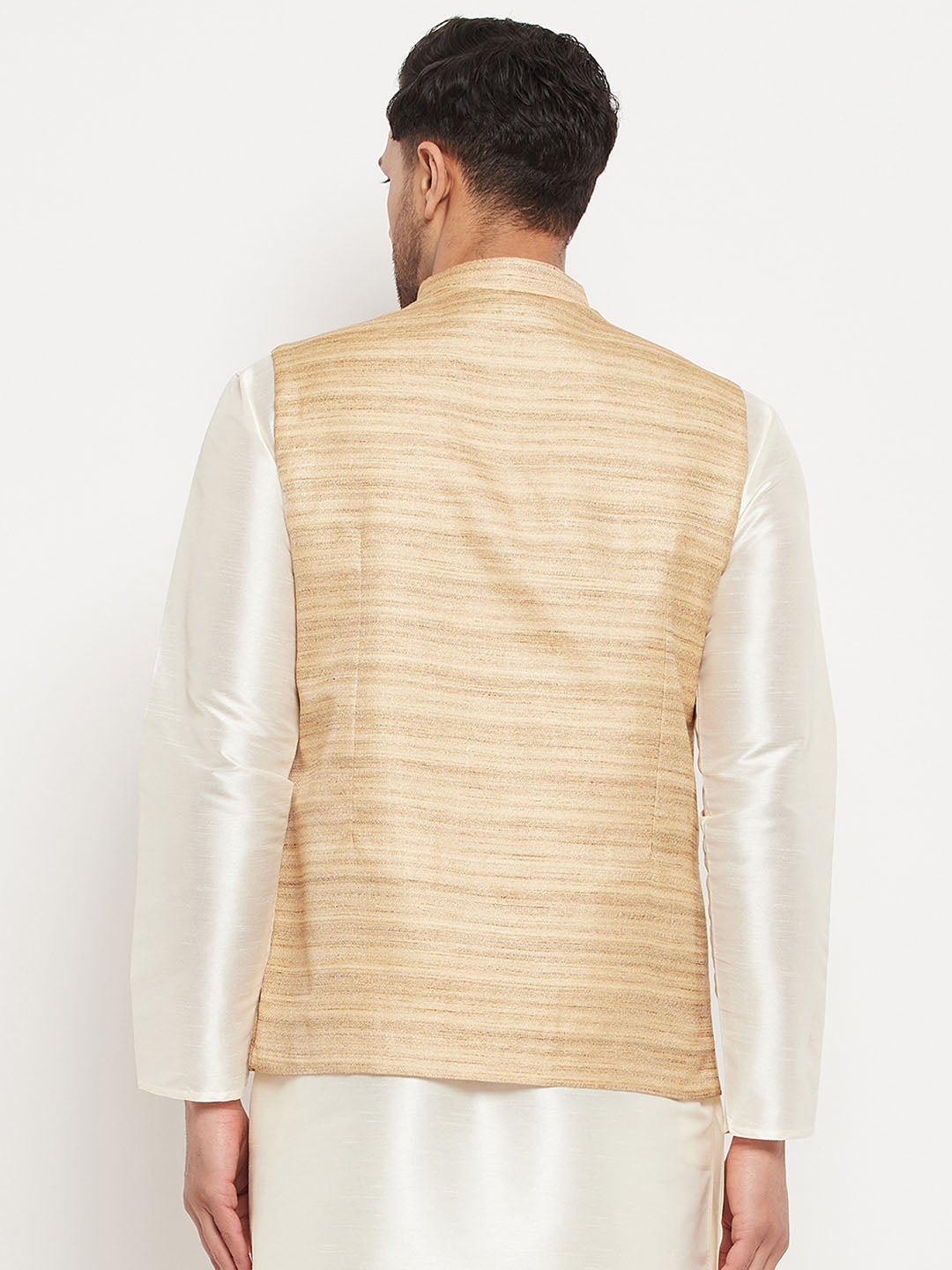 VASTRAMAY Men's Beige Silk Blend Nehru Jacket