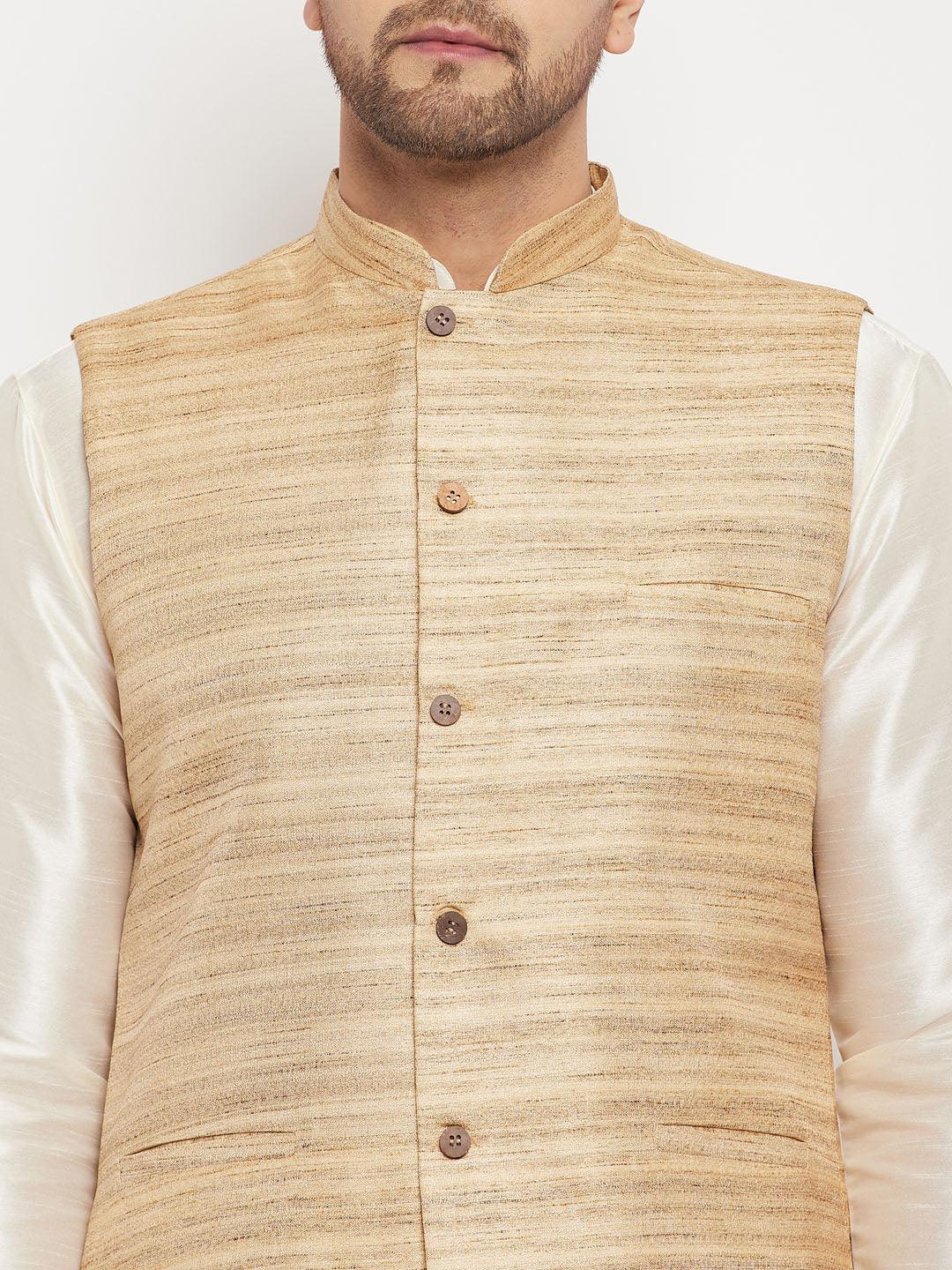 Men's Beige Matka Silk Nehru Jacket With Cream Silk Blend Kurta And Pant Style Pyjama Set